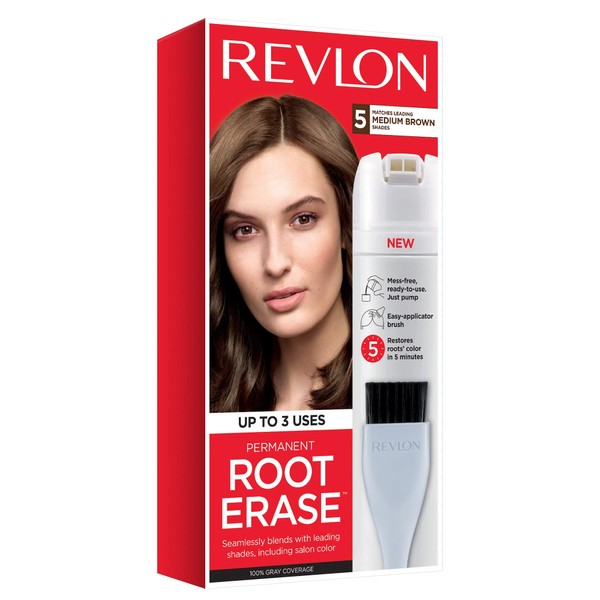 Revlon Root Erase Permanent Hair Color, At-Home Root Touchup Hair Dye with Applicator Brush for Multiple Use, 100% Gray Coverage, Medium Brown (5), 3.2 oz
