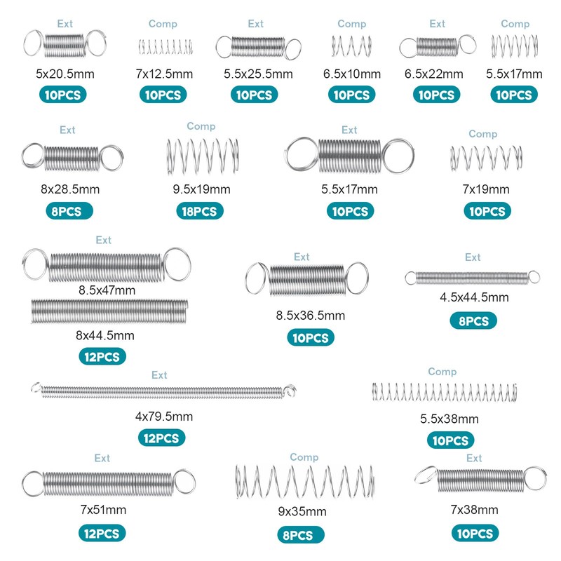 200 Piece Spring Assortment Set Kit - Various Tension Springs,
