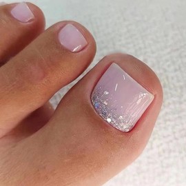 24 Pcs Light Purple Press on Toenails Short Square - ZWENJIE Cute Fake Toe Nails Silver Glitter False Toe Nails Press Ons Full Cover Glossy Sparkly Acrylic Stick on Toenails for Women Girls