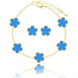 Qinpan Four Leaf Clover Earring and Bracelet Set for Women Lucky Flower 14K Gold Jewelry, Yellow Gold, Chalcedony