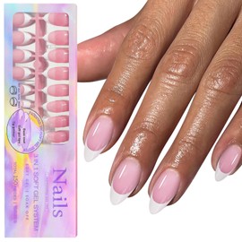 150Pcs White French Tip Press on Nails Medium Almond Fake Nails In15 Sizes 3 IN 1 Soft Gel Nail Tips Pink Glossy Reusable Acrylic Nails No Need to File False Nails for Women Girls Manicure