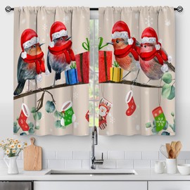 Cortinas de cocina de pájaros navideños de Aimego - Medias de Navidad Patrón de invierno festivo para café, cortinas de ventana cortas y pequeñas para decoración de sala y comedor, cortinas con