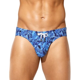 Arjen Kroos Swim Briefs for Men, Men's Swim Briefs Holiday Printed Swimwear with 3D Pouch & Drawstring Quick-Dry Bikini Fashion Bathing Suits, Tropical Leaves-AK4085, Small