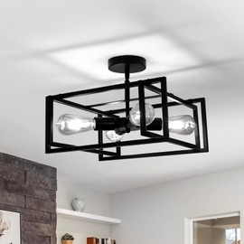 DELIPOP 4-Light LED Ceiling Light Industrial Black Farmhouse, Semi Flush Mount Ceiling Light, Lighting for Dining Room Kitchen Hallway Island