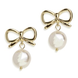 JeanBeau Gold Bow Stud Pearl Dangle Drop Earrings for Women Ribbon Bowknot Earing Dangling Costume Prom Wedding Fashion Jewelry Gift