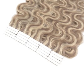 Hairro Tape in Human Hair Extensions Body Wave 14 Inch Sandy Beige Mix Light Blonde Highlight Balayage 40g/pack 20pcs Skin Weft Glue in Hairpieces Invisible Double Sided Tape