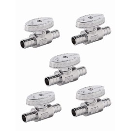 (Pack of 5) EFIELD 1/4 Turn Straight Stop Valve Barb Crimp 1/2" Pex X 1/2" Pex Chrome Plated, ASTM F1807