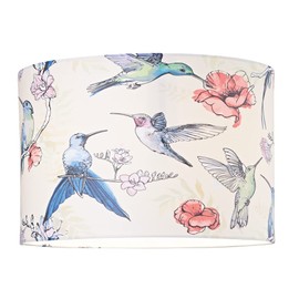 Beautifully Designed Bird Themed 30cm Drum Shade with Colourful Floral Accents| 60w Maximum | Inner White Cotton Fabric by Happy Homewares