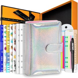 PU Leather Personal Notebook Planner with 67 Pages Loose-Leaf Papers 6 Holes Ring Binder Pen Holder Magnetic Buckle (Rainbow Glitter,A6 Gift Box)