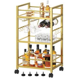 Bar Cart, Serving Cart for Home, Microwave Cart, Drink Cart, Mobile Kitchen Shelf with Wine Rack and Glass Holder, Rolling Beverage Cart for Dining Room, Gold