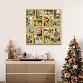 J.M.Deco Collage Picture Frames for Wall 16 Opening, Large Photo Frame Collage Wall Hanging for 4x6 Photo, Reunion Friends Family Memory, Christmas Gift - Golden