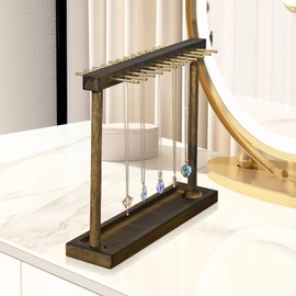 Homaisson Wooden Necklace Hanger Shelf with 24 Metal Bars, Necklace Display Stand Desk Organizer, Walnut Finish Jewelry Storage Rack for Necklaces Bracelets