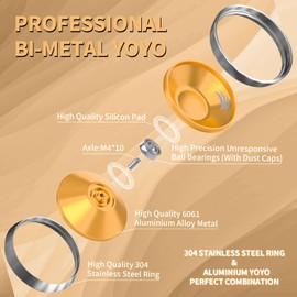 YOYOSTUDIO S03 Unresponsive Yoyo Professional Yo Yo for Adults Kids, Trick Yoyo for Kids 8-12, Pro Bi-Metal Yoyo with Responsive Yoyo Bearing Kit, 10 Yoyos Strings, Yo-Yo Case and Glove - Gold Silver