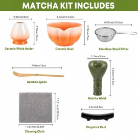 7pcs Matcha Whisk Set, Japanese Matcha Set Includes Green Plastic Chasen Whisk, Whisk Holder, Ceramic Matcha Bowl, Scoop, Sifter, Absorbent Cloth, Matcha Tea Kit for Beginners & Tea Lovers, Pink
