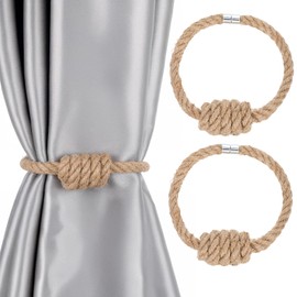 Wanmu 2 Pcs Mini Magnetic Curtain Tiebacks, Boho Jute Curtain Holders with Exquisite Knot, Modern Simple Decorative Drapery Holdbacks for Thin or Thick Home & Office Window Drapery(Beige)