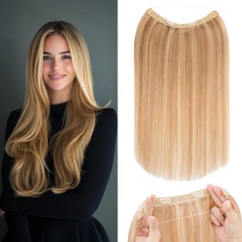 Rich Choices Wire Hair Extensions Human Hair Golden Brown mix Bleach Blonde Invisible Wire Hair Extensions 20 Inch One Piece Hair Extensions Clip in Human Hair Straight Remy Hair Extensions