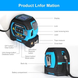 WINTAPE Laser Tape Measure 3-in-1 with Large LCD Display Digital Laser Meter in ft/m Scales up to 131ft/40M with Calculations Tape Measure 16ft/5M (in/ft/m) and Cross Line Laser (Blue), blue