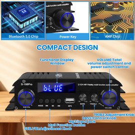 2.1 Channel Stereo Audio Amplifier,300Wx2+360W Home Audio Bluetooth 5.0 Stereo System, USB/AUX Input, Bass Treble & Subwoofer Control, Remote Control, for Home Theater, TV, Speakers