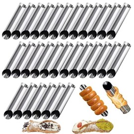 AMBESTAR 30 Pack Cannoli Horn Form Set, Large Stainless Steel Canolis Tubes Moulds Cannoli Kit for Baking Cannoli, Croissant Shell, Cream Roll Dessert, Safety Filled Edges