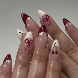 French Tip Press on Nails Medium Almond Fake Nails Nude False Nails with Red Bow Cherry Designs Glossy Full Cover Glue on Nails Winter Stick on Nails Acrylic Nails for Women Girls 24 Pcs