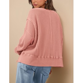 PRETTYGARDEN Women's 2024 Fall Oversized Crewneck Sweatshirts Casual Long Sleeve Pullover Waffle Knit Shirts Top (Coral Pink,Medium)