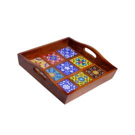 Craft Trade Mango Wood Serving Tray with Handle and 9 Fitted Floral Ceramic Tiles Wooden Platters Perfect for Breakfast Tea Coffee Snacks Dinner 30x30x8 cm Square