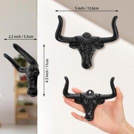 Foraineam 4 Pack Cowboy Hat Rack for Wall, Animal Head Metal Cowboy Hat Hanger Cap Holder, Cast Iron Western Longhorn Hooks for Closet Bedroom Living Room Hats Storage and Display Rustic Men's Gift