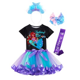 Doctor Unicorn Birthday Girls Mermaid Outfit Set Costume Tutu Skirt Dress, Mermaid Birthday Shirt, Headband & Satin Sash (Black-2, 3-4 Years)