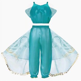 SZ-TONDA Disfraz de princesa para niñas, disfraz de Halloween, fiesta árabe, cosplay verde azulado y dorado para niños y adolescentes