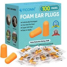 TICONN 100 Pairs Ear Plugs, 32dB Noise Reduction Earplugs for Sleeping Hearing Protection Travel Study Concentration Construction Site (100 Pairs)