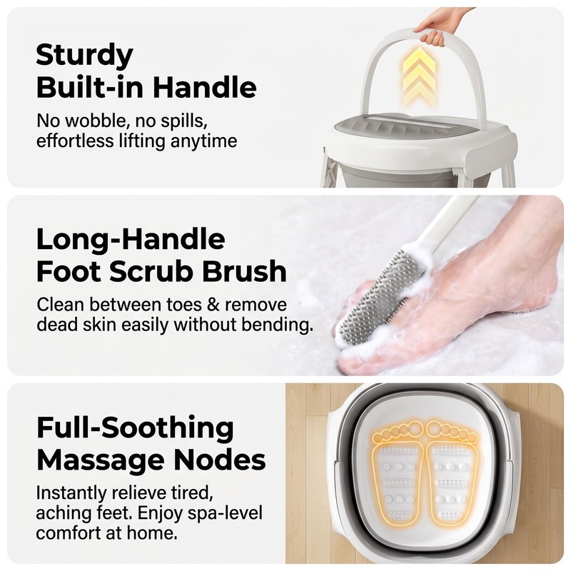 Collapsible Foot Bath Tub with Long Handle Foot Brush, Foldable