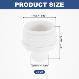 sourcing map 2 Pcs Garden Hose Adapter, Male 1.5" NPT x 3/4" GHT Garden Hose Fitting Male Plastic Connector for Tank and Pool Pump Hoses, White