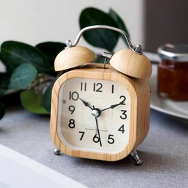 Mermbe Alarm Clock, Loud Volume, Stylish, Scandinavian Cute, Twin Bells, Wood Grain Tone, Luminous Belt, Silent Clock, Student, Study Room, Desktop Bedroom, 3 Inches, Absolute Wake Up Alarm Clock,