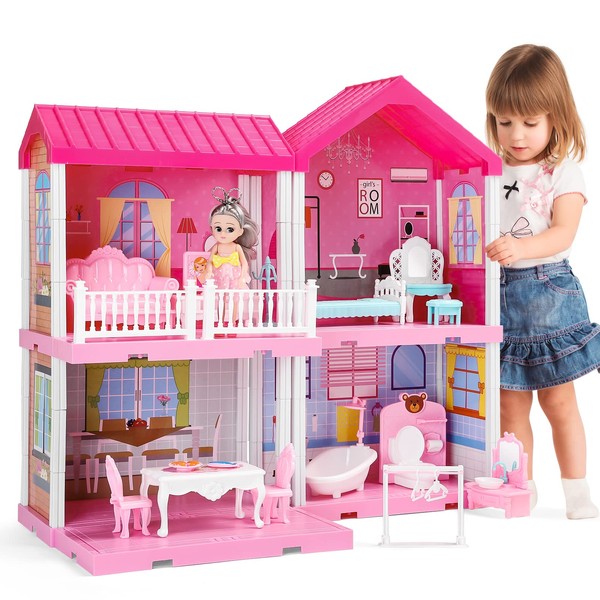 TEMI Dream Dollhouse Girls Pretend Toys - Doll Figure with Furniture, Accessories, Stairs, Pets and Dolls, DIY Cottage Pretend Play Doll House, for Toddlers, Boys & Girls(4 Rooms)