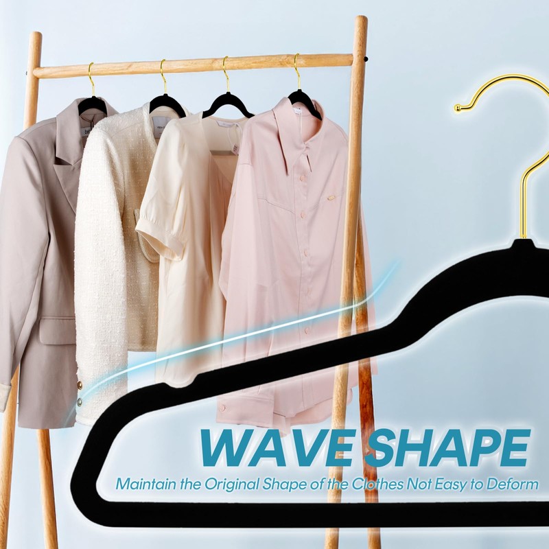 UNEED Black Velvet Hangers with Golden Hooks, 36 Pack -