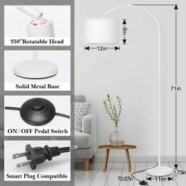 White Arc Floor Lamp, Modern Floor Lamp for Living Room with Adjustable Lamp Head, Tall Pole Standing Lamp with On/Off Pedal Switch, Over Couch Arched Reading Light for Bedroom, Office, Study Room