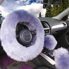 Yontree Fashion Fluffy Steering Wheel Covers for Women/Girls/Ladies Australia Pure Wool 15 Inch 1 Set 3 Pcs (Gray)
