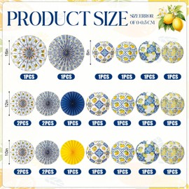 Baquler 24 Pcs Capri Lemon Party Decor Amalfi Coast Mediterranean Blue Yellow Lemon Decor with 12 Paper Lanterns and 12 Hanging Fans for Birthday Bridal Shower Baby Shower Italian Summer Party Wedding