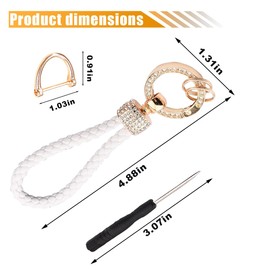 Leather Car Keychain with Bling Rhinestones, Snap Swivel Key Ring, Key Tag Car Key Fob Holder, Key Organizer for Men Women, Anti-Lost D-Ring (White)