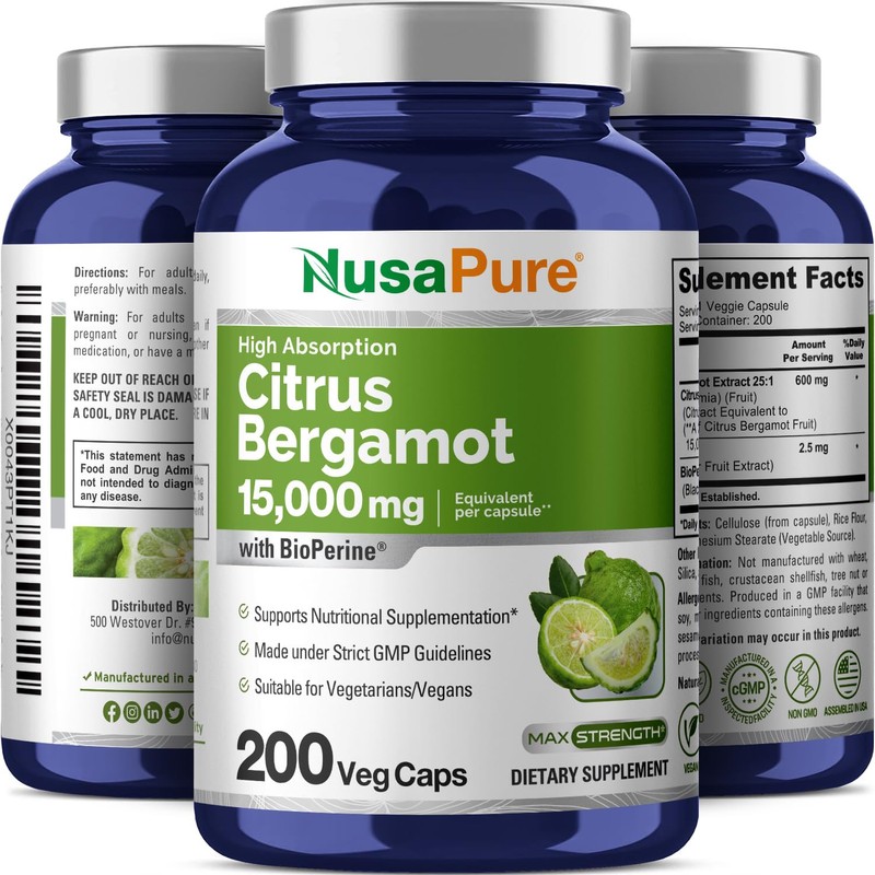 NusaPure Citrus Bergamot Capsules 15,000mg, 200 Capsules - 25:1 Bergamot