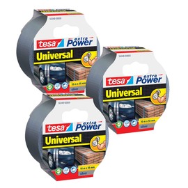 tesa extra Power Universal Fabric Tape - Fabric Reinforced Ductape - Grey - 10 m x 50 mm (3 x Silver)