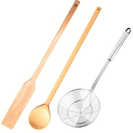 Extra Long 24” Wooden Paddle + 24" Wood Spoon +16” Stainless Steel Strainer Skimmer, Stirring Utensils, Cooking, Mixing, Home Brewing Stock Pots Cajun Crawfish, Seafood and Crab Pot Boil Accessories