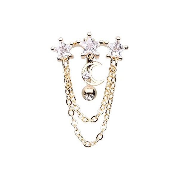 Pierced Owl 14GA Stainless Steel CZ Crystal Dangling Chains Celestial