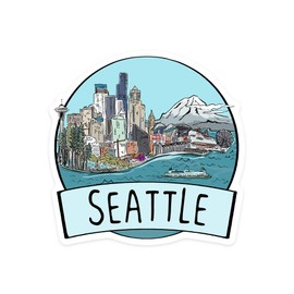 Die Cut Sticker Seattle, Washington, Cityscape, Line Drawing, Contour Vinyl Sticker 1 to 3 inches (Waterproof Decal for Cars, Water Bottles, Laptops, Coolers), Small