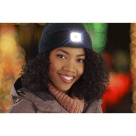 TECHNOSMART Grey beanie with LED light, hat with integrated LED lamp, knitted hat with removable light, dark grey, unisex, 100% acrylic