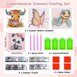 VINEST Pack of 4 5D Diamond Painting Children, 15 x 15 cm Shiny Diamond Painting Pictures, DIY Diamond Painting Animals Children from 4 6 8 10 Years, Mosaic Craft Set Children Gift