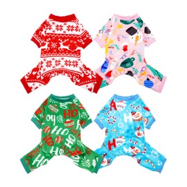 PET SHOW 4 Pack Small Dog Christmas Pajamas Holiday Dog Clothes for Medium Dogs Girl Boy Soft Stretchy PJs Xmas Jumpsuit Puppy Onesies Red Green Outfits with Sleeve Pets Dachshund Costume XL