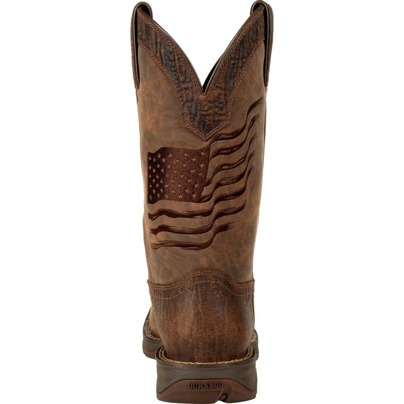 Durango Brown Distressed Flag Embroidery Western Boot, Acorn, Size 8(M)