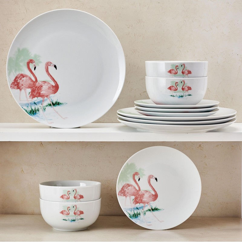 Studio Nova Flamingo Haven Tropical 12 Piece Dinnerware Plate Bowl