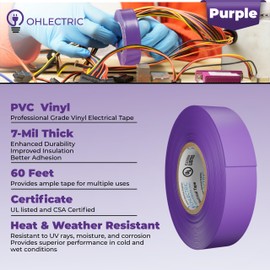 OHLECTRIC Professional Grade Vinyl Electrical Tape | 7 Mil Thick Purple Flame-Retardant, Heat & Weather Resistant 3/4 Inch x 60 Feet | Ideal for Contractors & Electricians,OL-38462